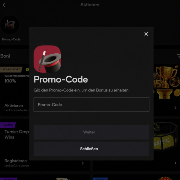 Seite, auf der Sie Ihren Promocode ansehen und aktivieren können